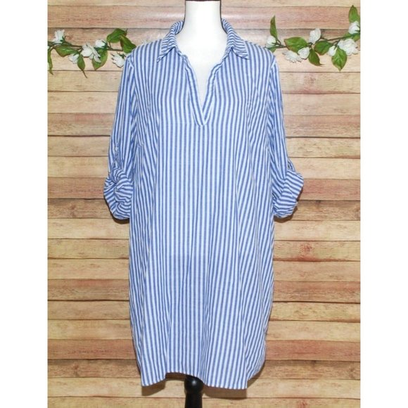 Shein Curve Dresses & Skirts - Shein Curve Shirt Dress Plus Size 3XL Roll Tab Sleeves Blue White Striped V-Neck